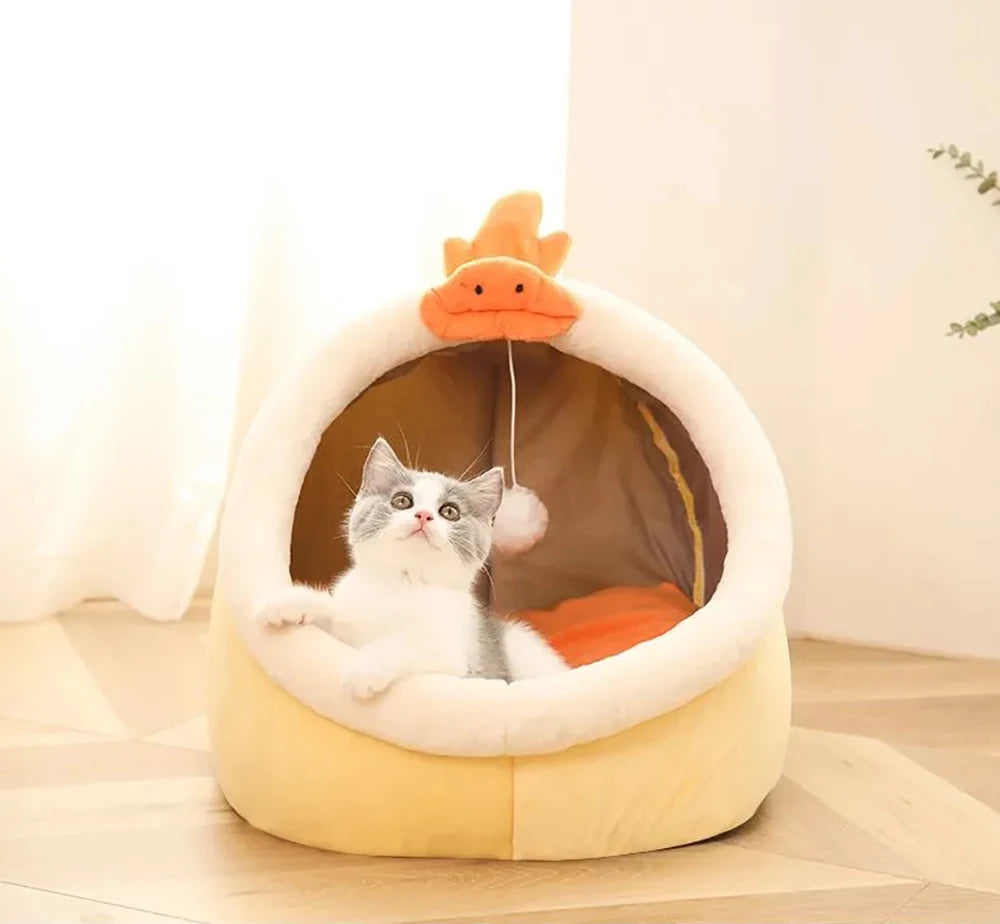 Deep Sleep Cat Bed – Foldable Cartoon Pet Cave Bed with Removable Cushion