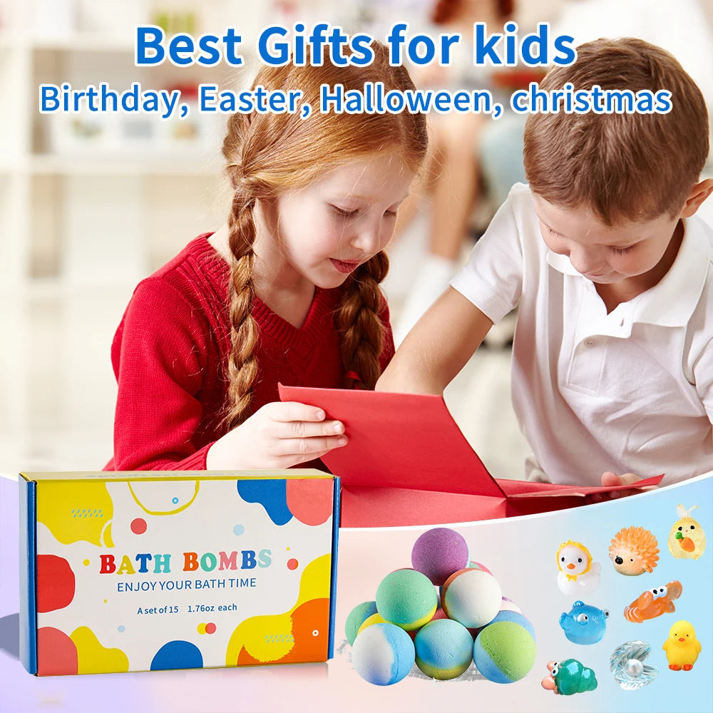 Kids Bath Bombs with Surprise Inside – 15 Pack Natural Bubble Bath Fizzy Gift Set