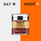 Men's Retinol moisturizer jar with 'Day' and 'Night' labels on a white and orange background.