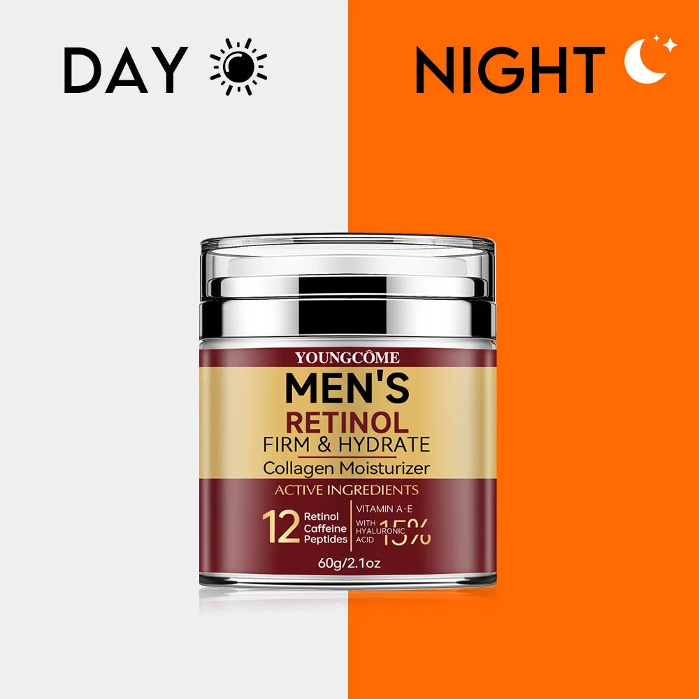Men's Retinol moisturizer jar with 'Day' and 'Night' labels on a white and orange background.
