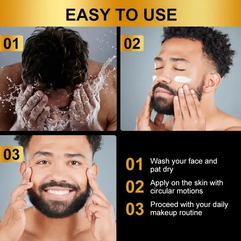Step-by-step guide on applying skincare product with a man washing his face and using cream.