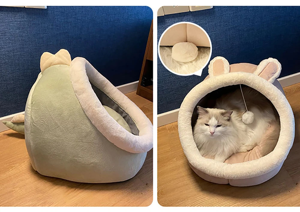 Deep Sleep Cat Bed – Foldable Cartoon Pet Cave Bed with Removable Cushion