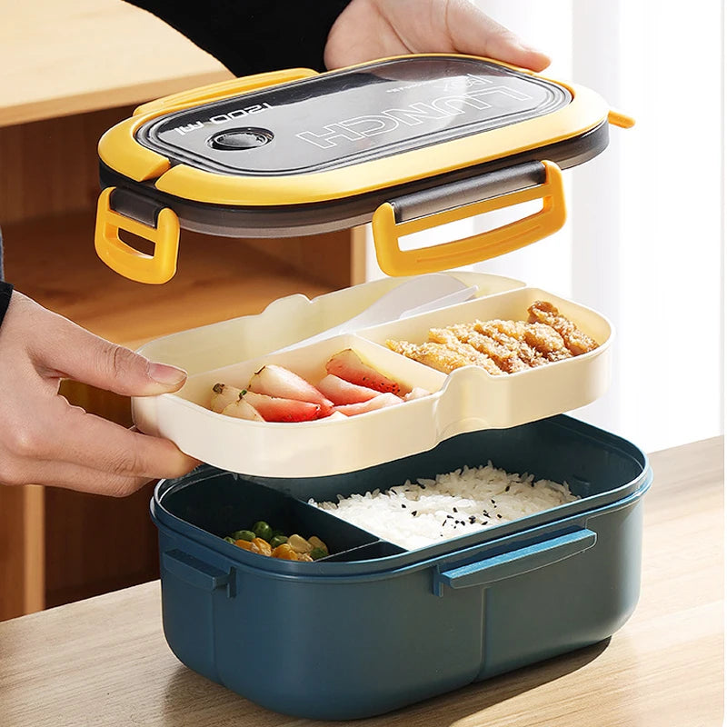 Double-Layer Portable Lunch Box with Spoon & Fork – Microwave Safe Bento Food Container (1200ml)