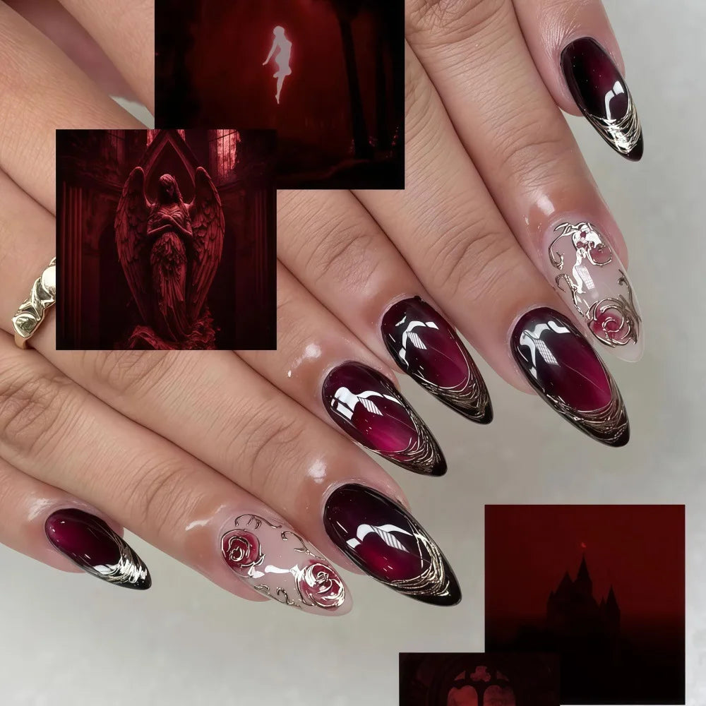 24PCS Wine Red Almond Press-On Nails with Rabbit Design