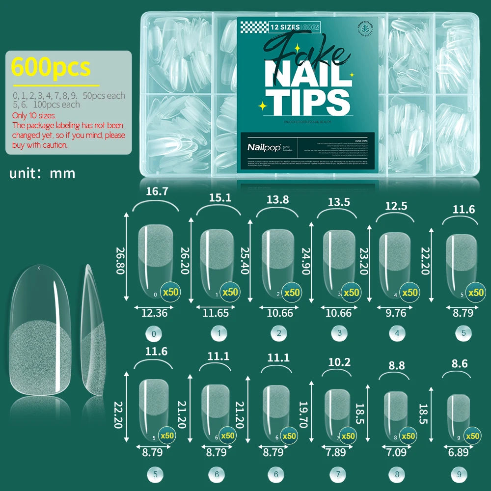 NAILPOP 600PCS Soft Gel X Nail Tips – Full Cover Coffin Almond Oval Pre-Buff Semi-Matte False Nails - Roomsium