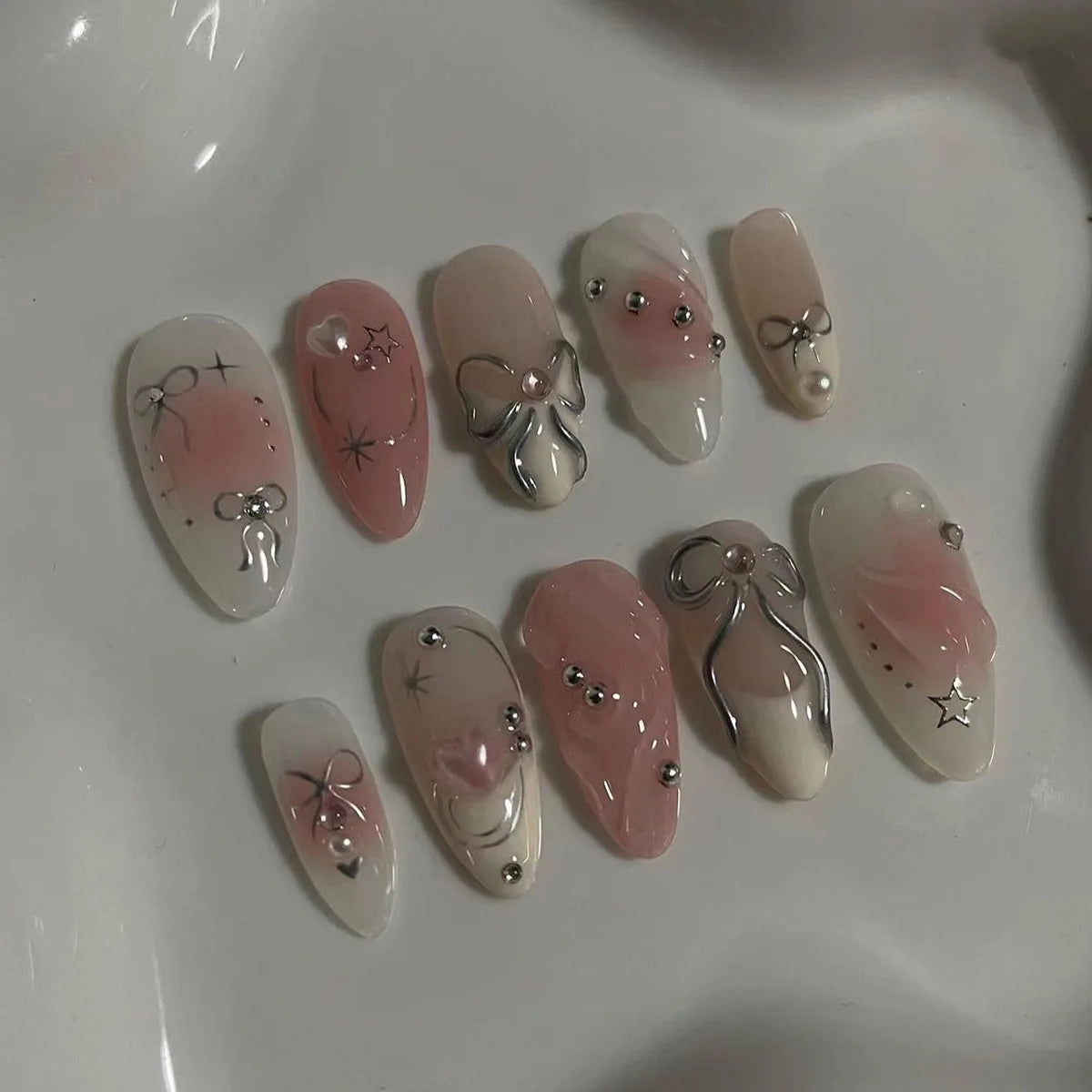 24PCS Wine Red Almond Press-On Nails with Rabbit Design