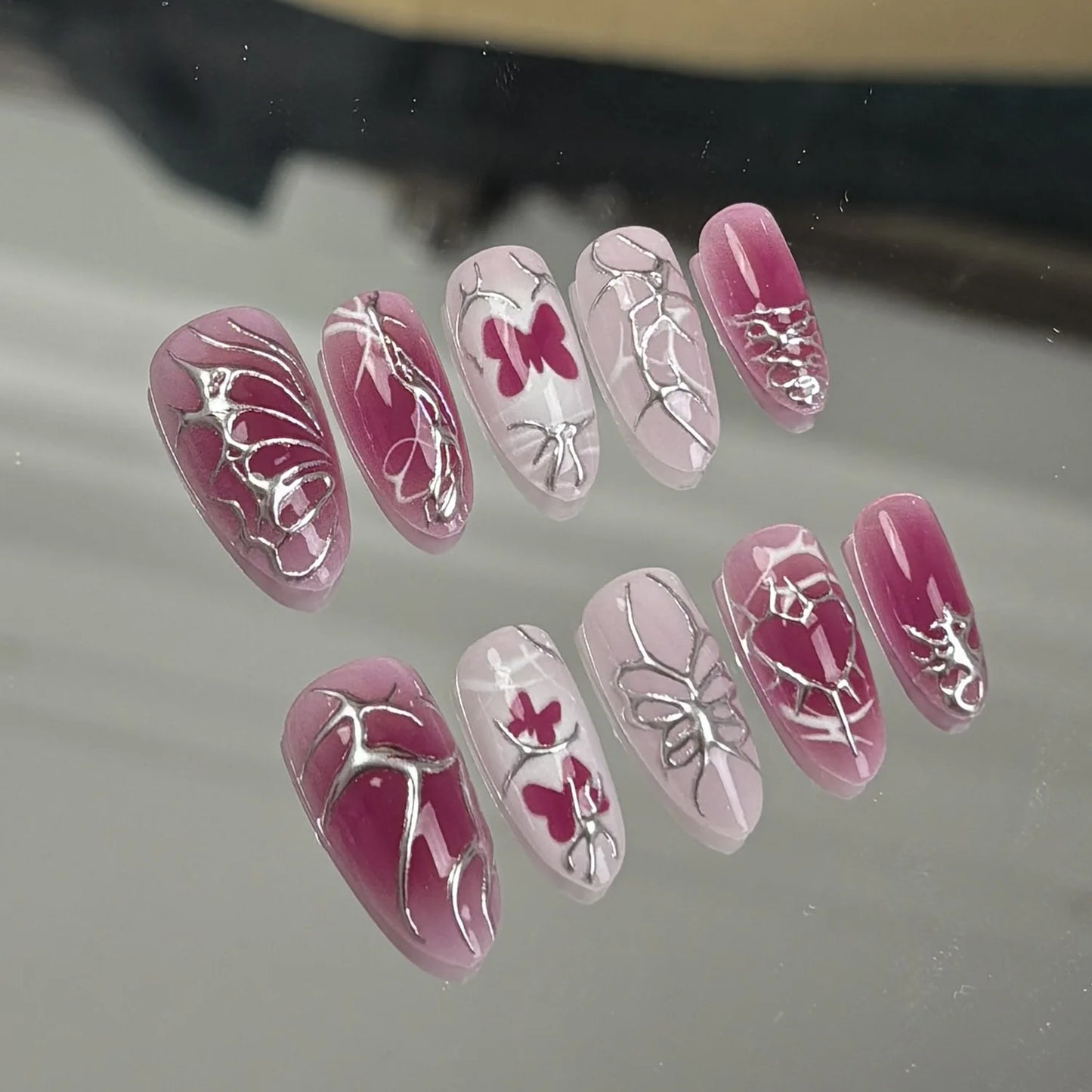 24PCS Wine Red Almond Press-On Nails with Rabbit Design