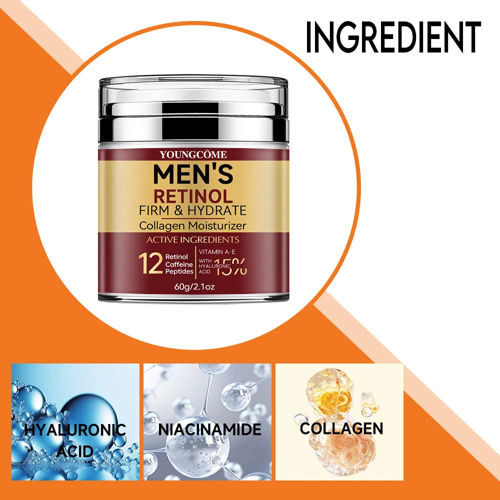 YoungCome Men's Retinol moisturizer jar with ingredients displayed on an orange and white background