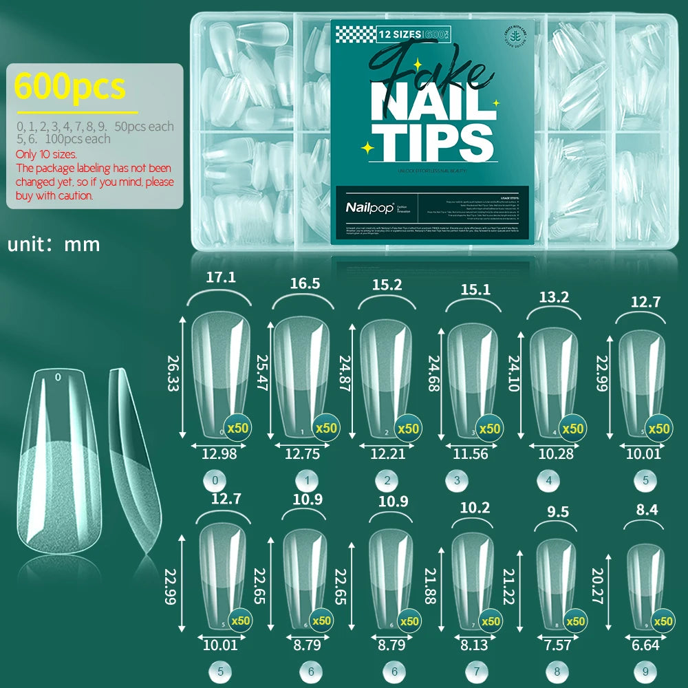 NAILPOP 600PCS Soft Gel X Nail Tips – Full Cover Coffin Almond Oval Pre-Buff Semi-Matte False Nails - Roomsium