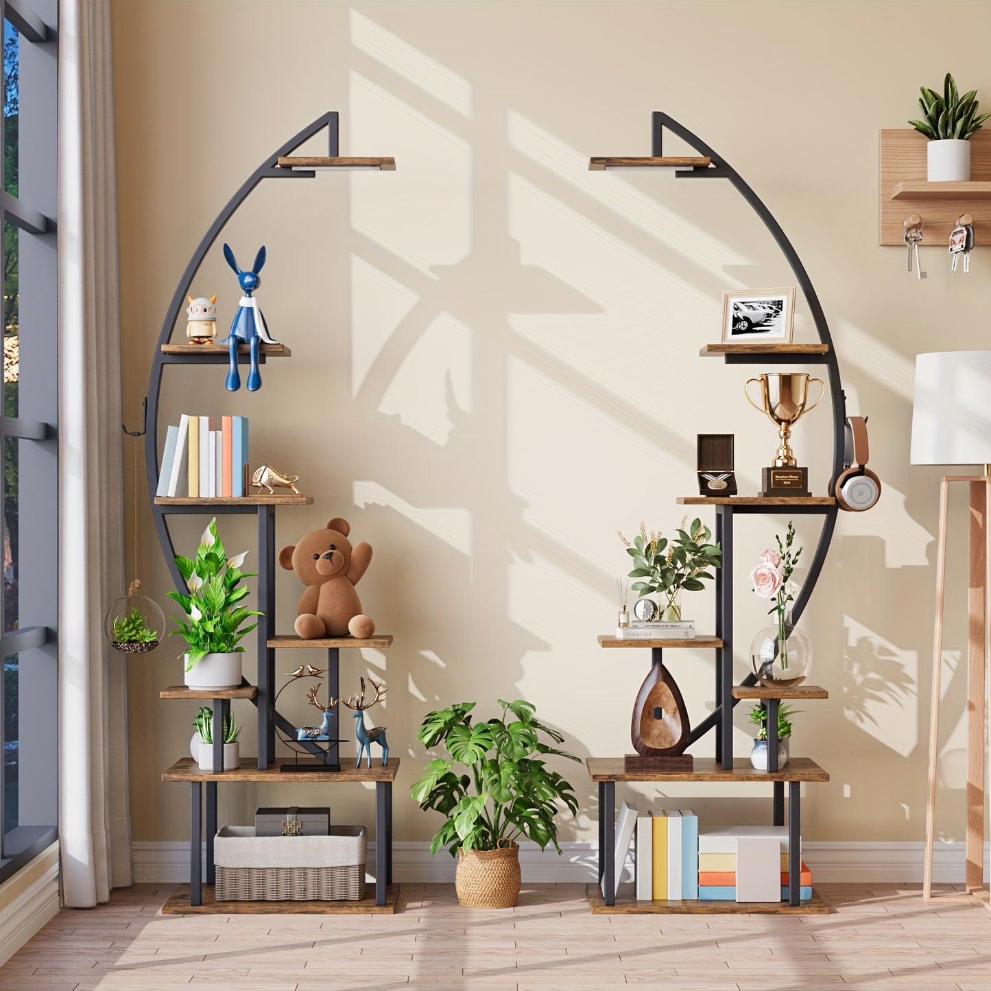 2pcs 7-Tier Bookshelf with Lights – Metal & Wood Display Unit