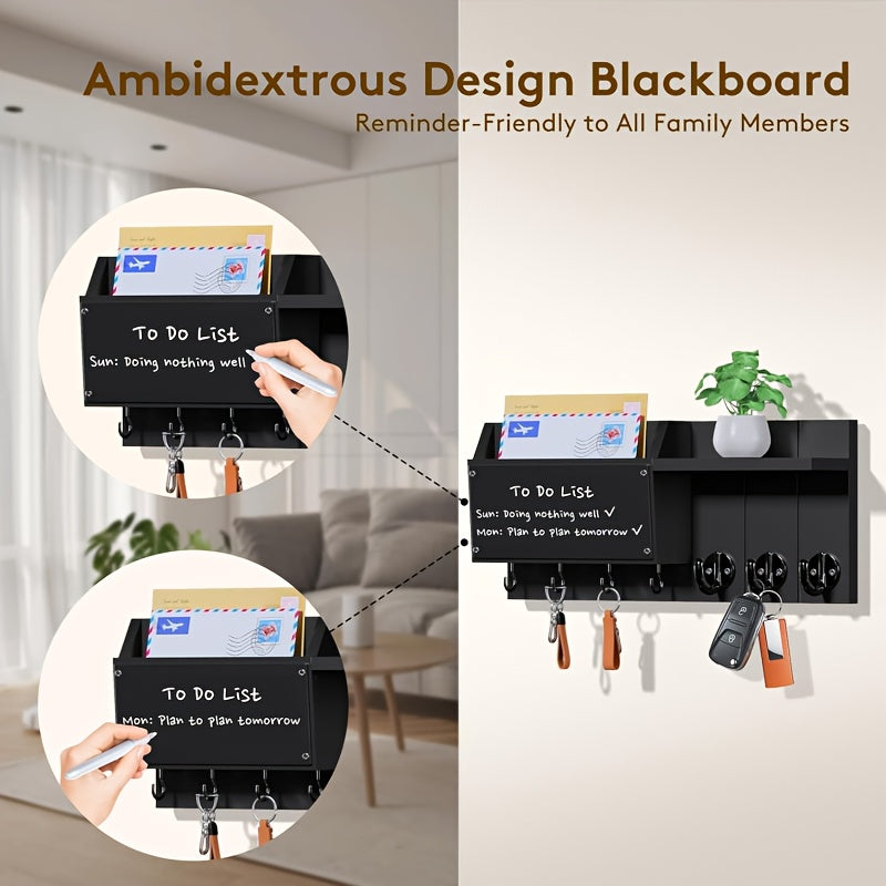 Wall Keychain Organizer with Chalkboard & 7 Hooks – Rustic Mail Rack & Shelf