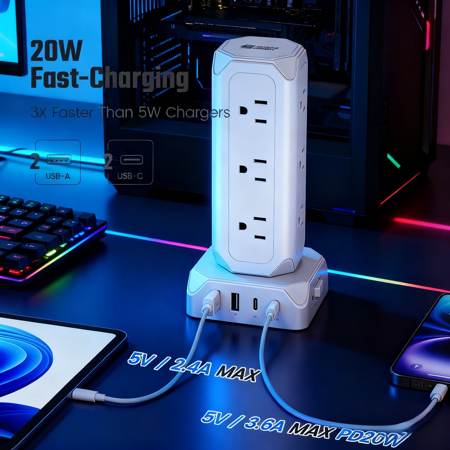 SUPERDANNY 12-Outlet Power Strip Tower with USB & Surge Protection – 35W Fast Charging Station