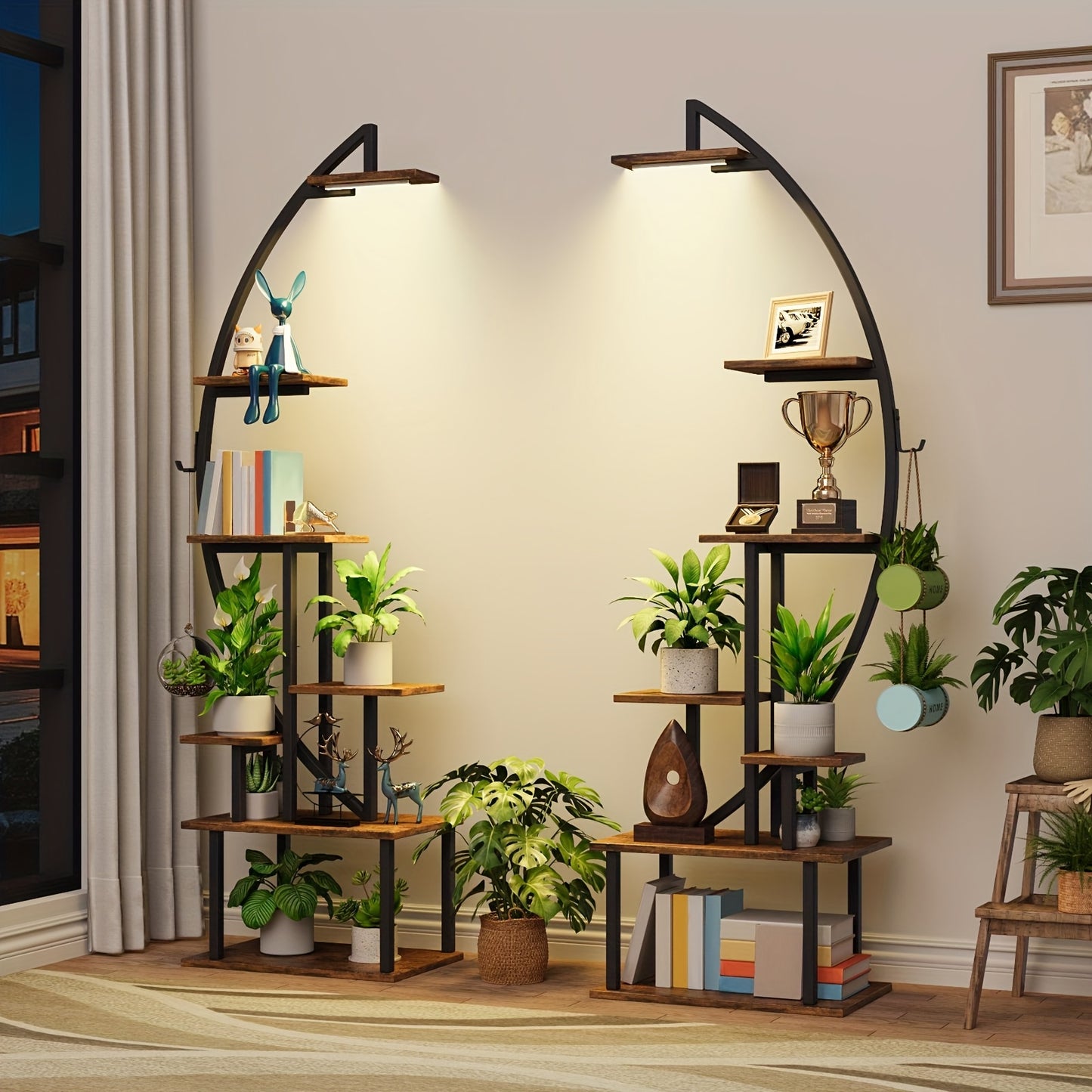 2pcs 7-Tier Bookshelf with Lights – Metal & Wood Display Unit