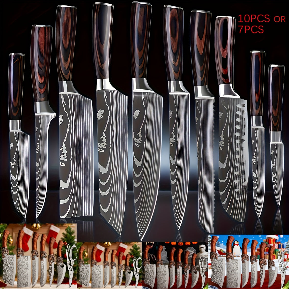 Damascus Pattern Knife Set – 7 or 10-Piece Stainless Steel Kitchen Knife Collection