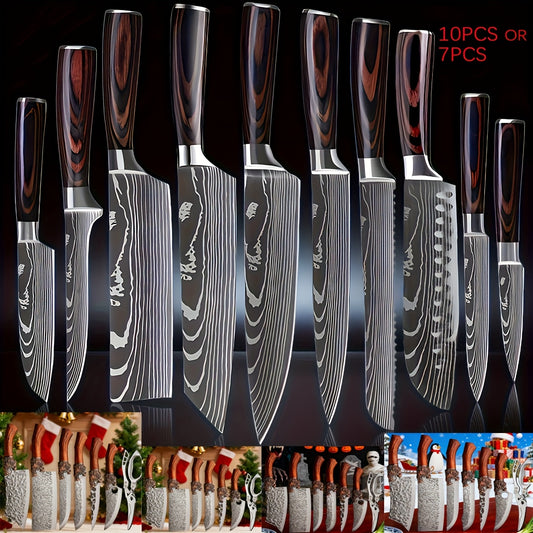 Damascus Pattern Knife Set – 7 or 10-Piece Stainless Steel Kitchen Knife Collection