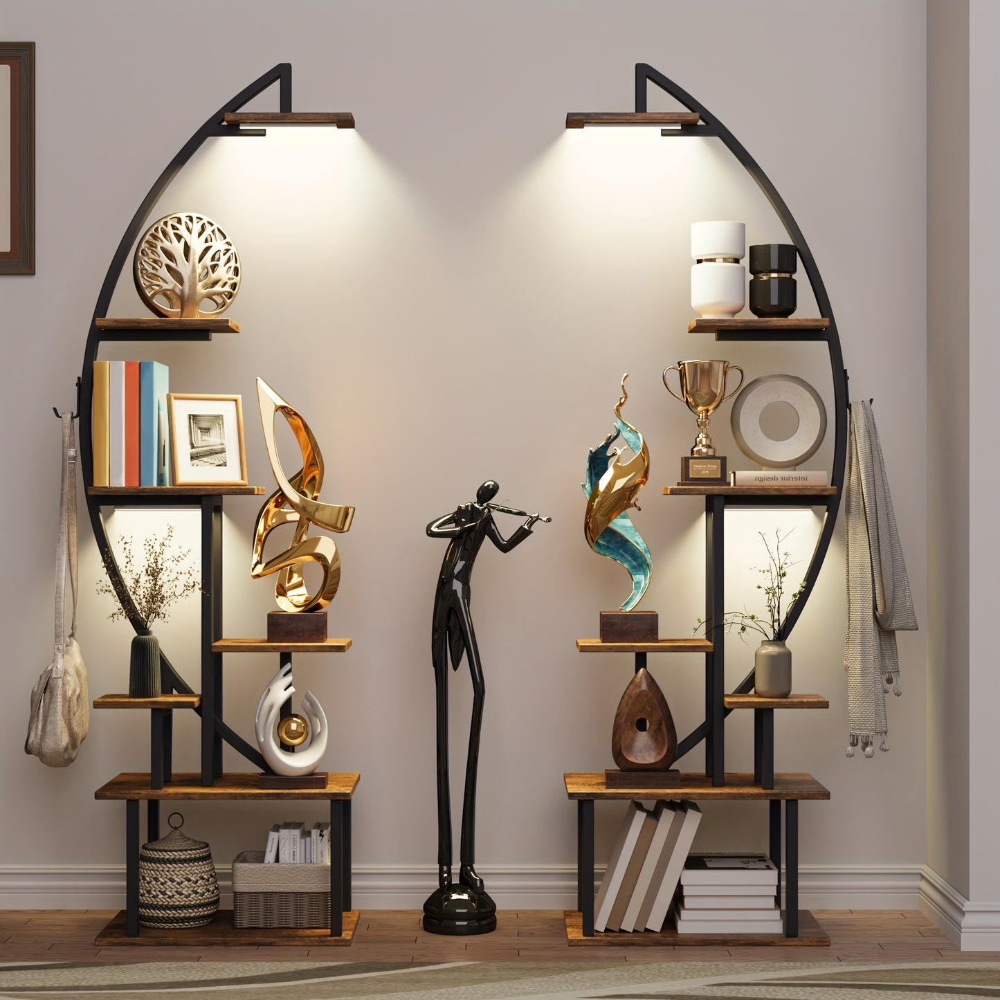 2pcs 7-Tier Bookshelf with Lights – Metal & Wood Display Unit