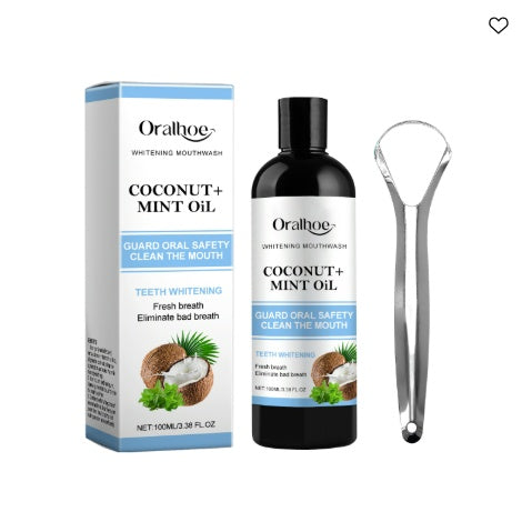 Oral care product set with coconut and mint oil packaging, bottle, and scoop on a white background