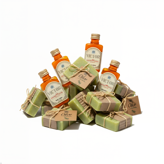 Bottles and bars of soap with 'Victor' branding on a white background