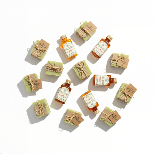 Bottles and boxes of olive oil with decorative bows on a white background