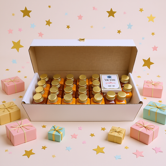 Box of small bottles with gold caps, surrounded by colorful gift boxes and star decorations on a pink background.