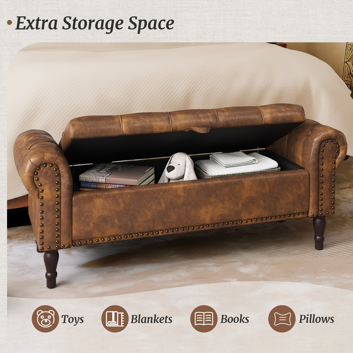 Storage Bench Ottoman with Rolled Arm & Tufted Detail – Linen Upholstered Bedroom & Entryway Bench