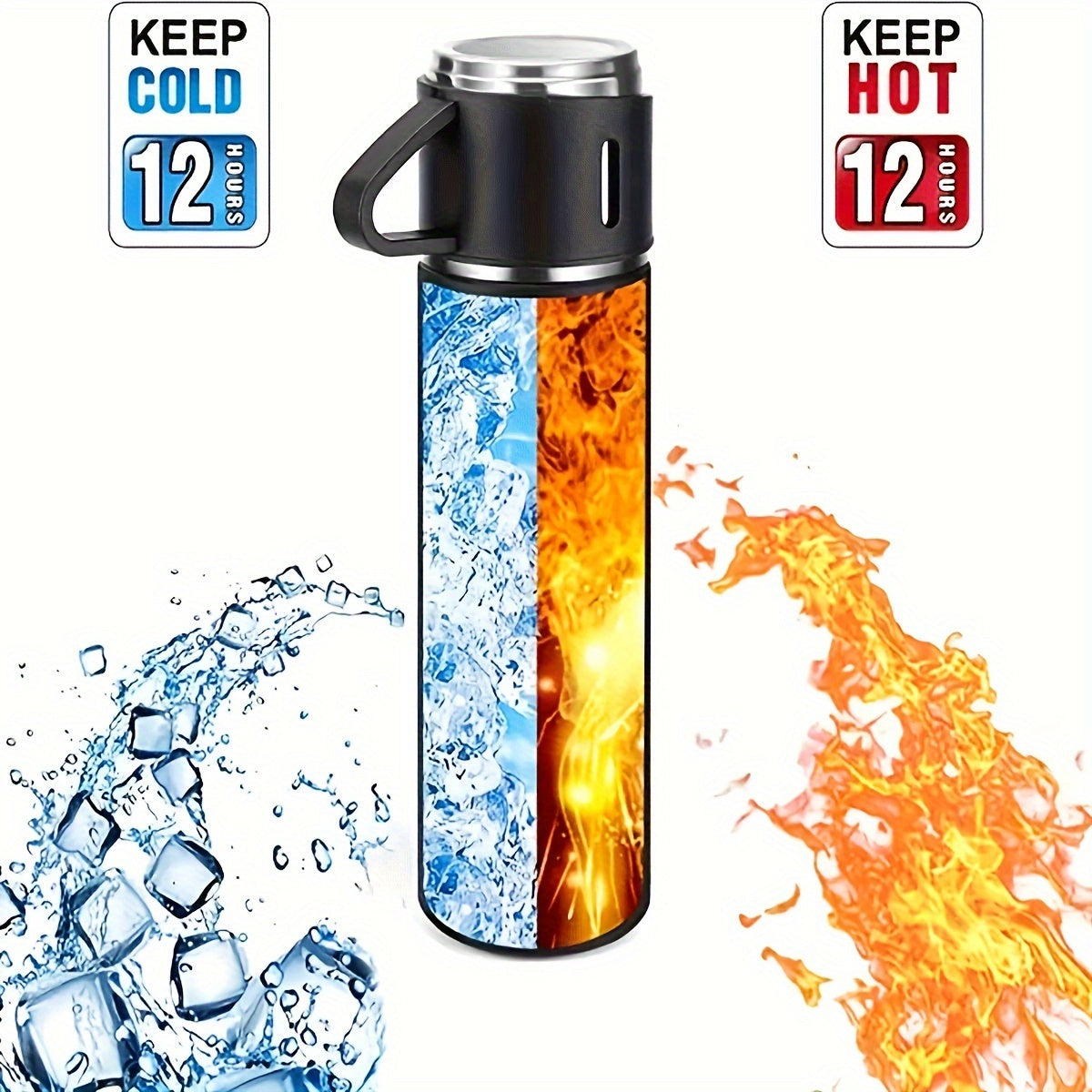 4-Piece Stainless Steel Water Bottle & Cup Set – 500ml Bottle with 3 Cups | 304 Stainless Steel | Portable Drinkware