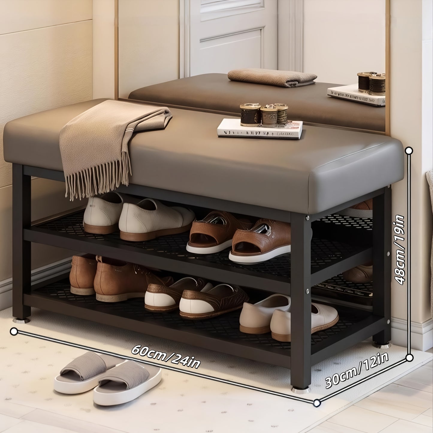 Modern Entrance Shoe Changing Stool with Storage Rack – Metal Frame Organizer with Soft Cushion