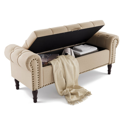 Storage Bench Ottoman with Rolled Arm & Tufted Detail – Linen Upholstered Bedroom & Entryway Bench