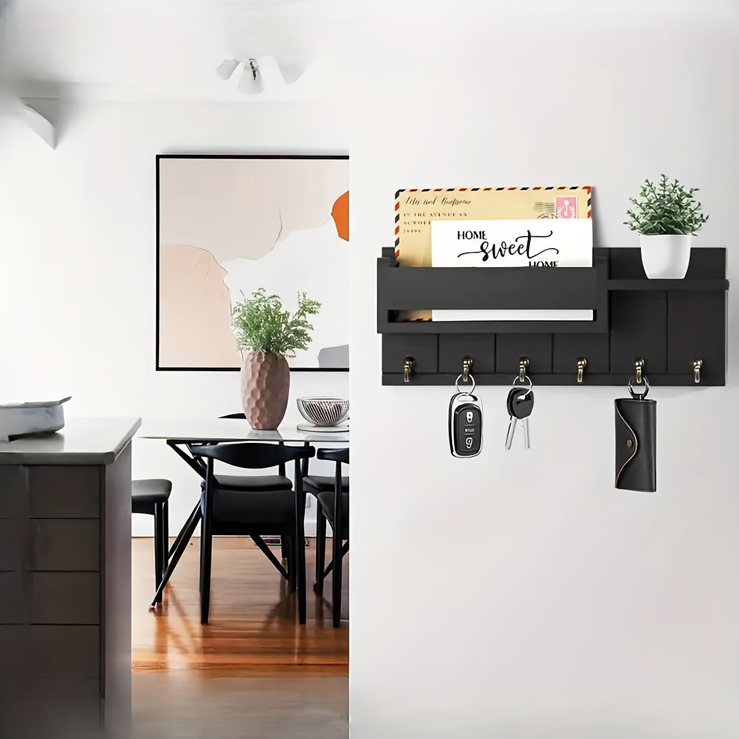 Rustic Wooden Wall-Mounted Storage Shelf with Key Holder & Mail Organizer