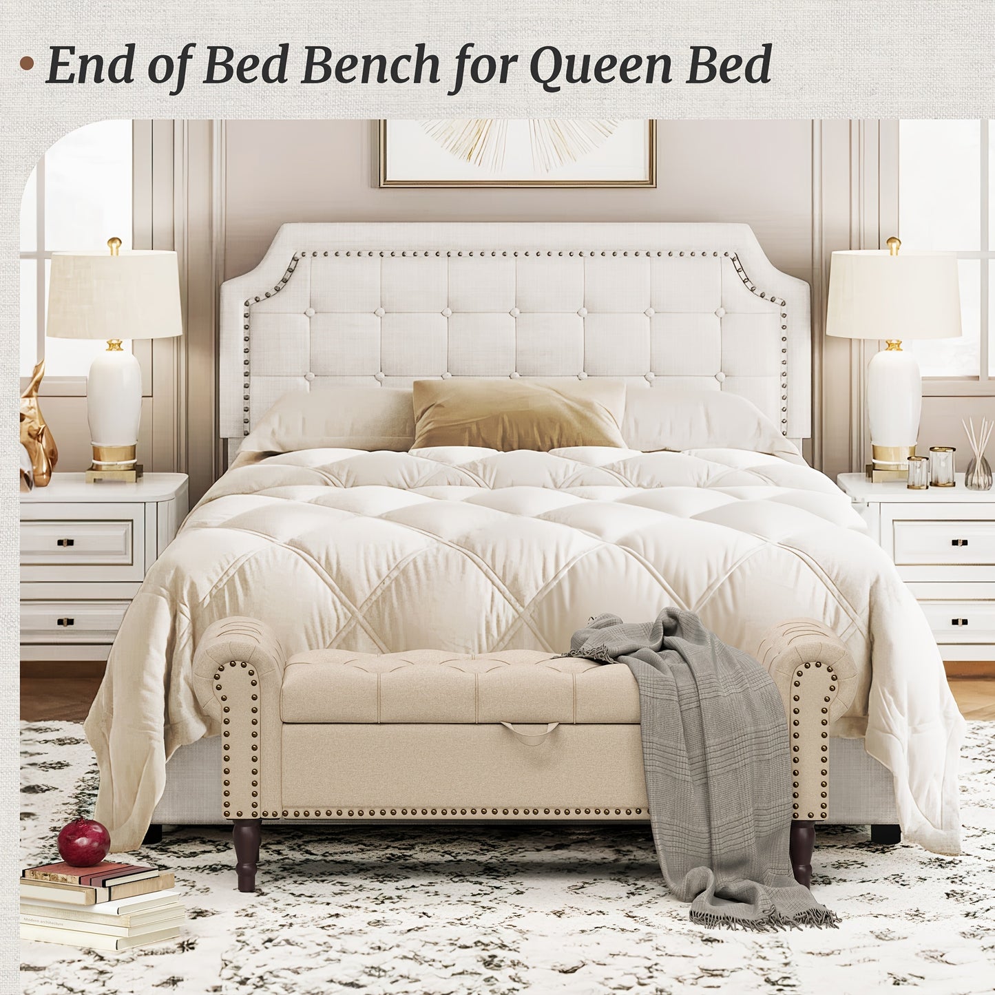 Storage Bench Ottoman with Rolled Arm & Tufted Detail – Linen Upholstered Bedroom & Entryway Bench