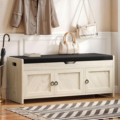 2-Tier Farmhouse Shoe Cabinet Bench with Lift-Top Storage & Barn Doors – Cushioned Seat