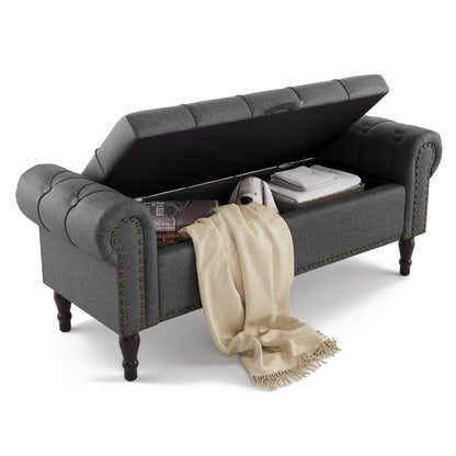Storage Bench Ottoman with Rolled Arm & Tufted Detail – Linen Upholstered Bedroom & Entryway Bench