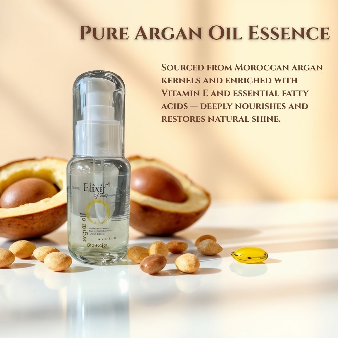 Bottle of pure argan oil essence with argan kernels and seeds on a light background