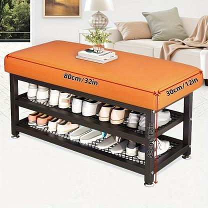 Modern Entrance Shoe Changing Stool with Storage Rack – Metal Frame Organizer with Soft Cushion - Roomsium