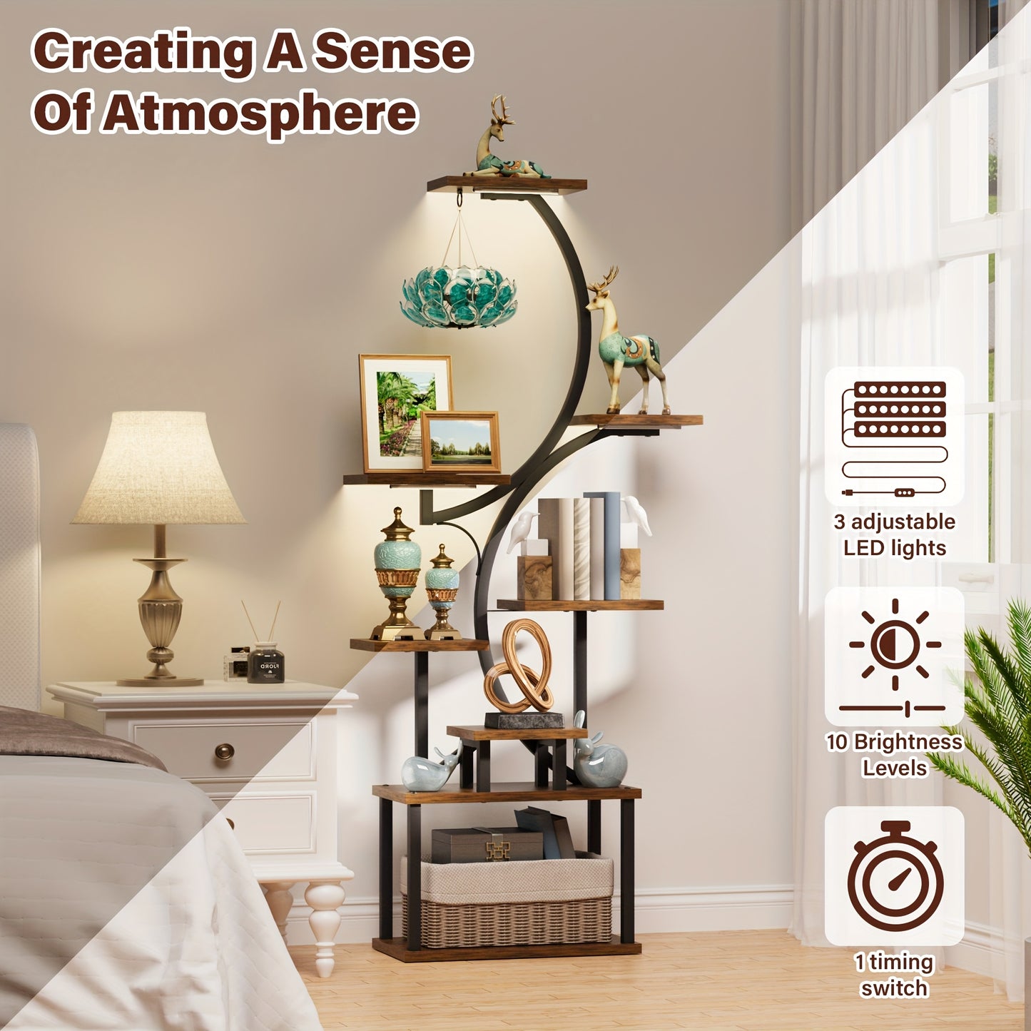 8-Tier Bookshelf with Lights – Metal & Wood Display Unit