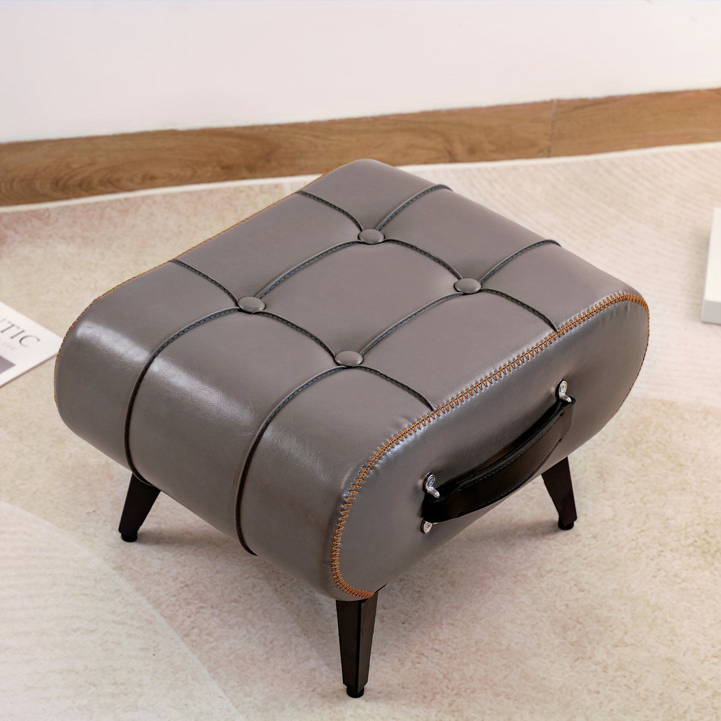 High-Quality Oil Wax Leather Low Stool – Padded Footstool & Accent Bench