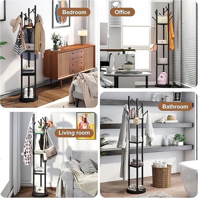 Rotary Solid Wood Coat Rack with 3 Shelves & 9 Hooks – Freestanding 360° Rotating Organizer