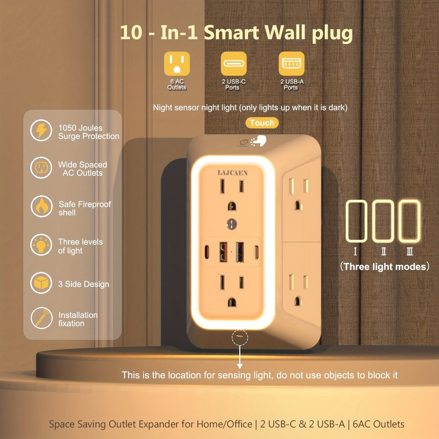10-in-1 USB Wall Charger Surge Protector with Night Light