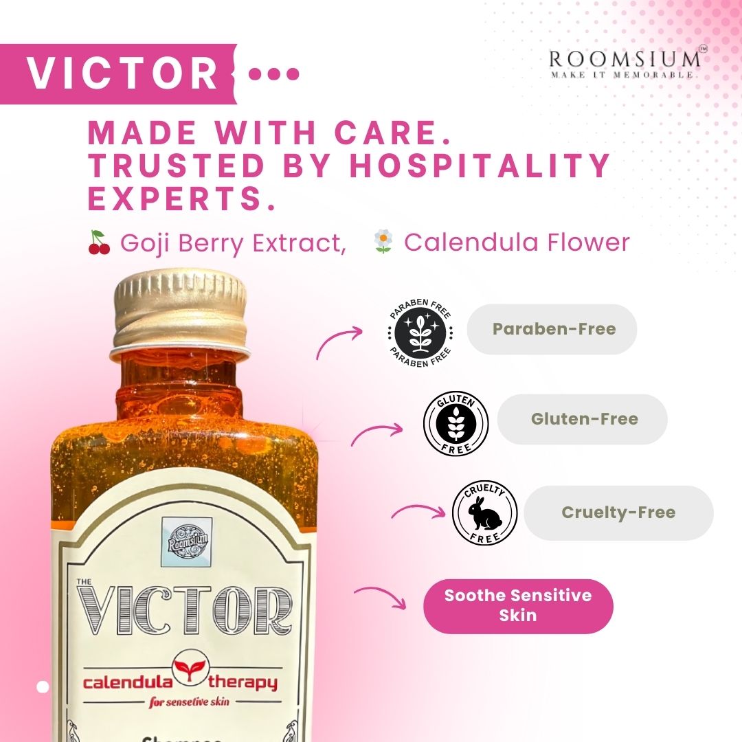Victor calendula therapy bottle with product details on a pink background