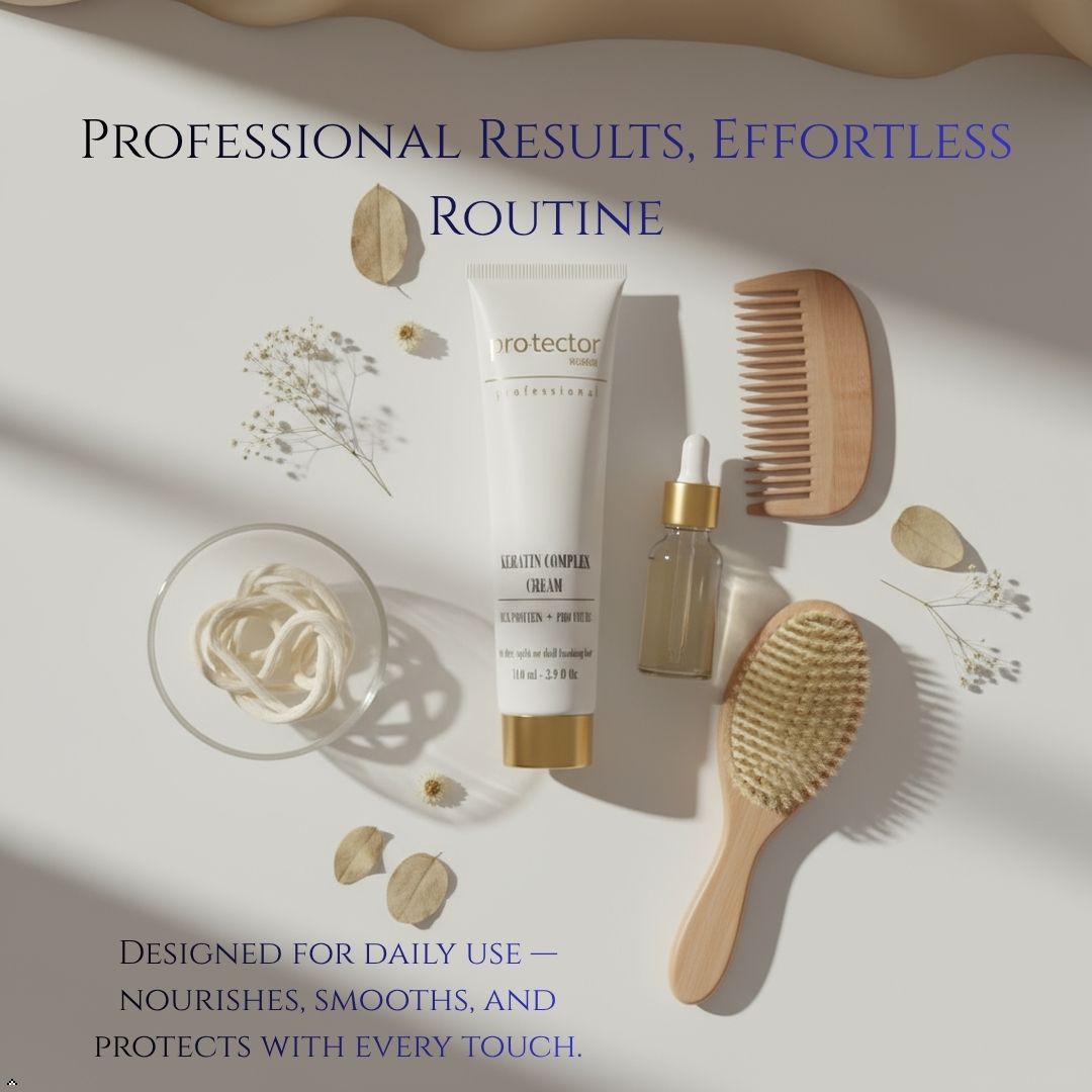 Skincare products and tools on a light background with text about professional results and effortless routine.