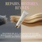Hair care product with text 'Repairs, Restores, Revives' on a split background.