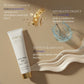Tube of hair care product with text highlighting benefits on a beige background