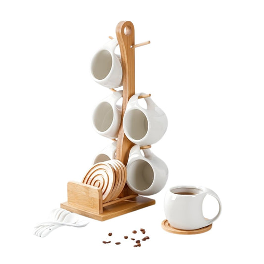 Tawsbear Ceramic Coffee Cup Set – 6 Cups with Wooden Coasters