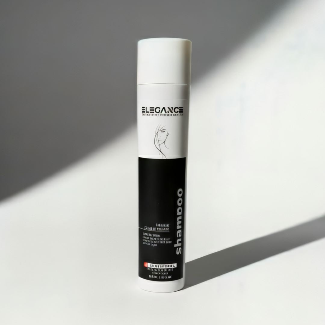 Shampoo bottle with 'Elegance' branding on a gray background