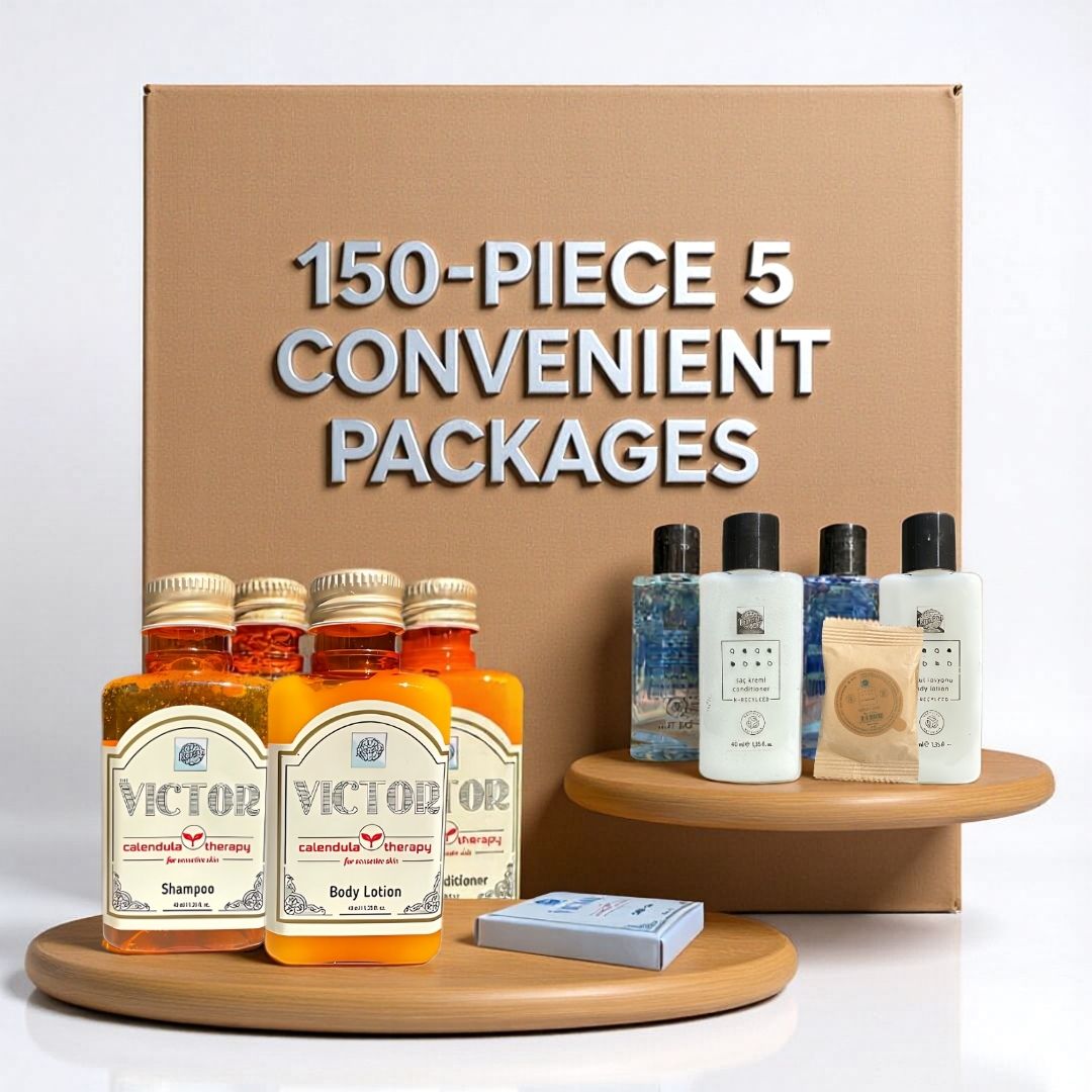Set of skincare and grooming products with a cardboard box labeled '150-piece 5 convenient packages' on a white background.