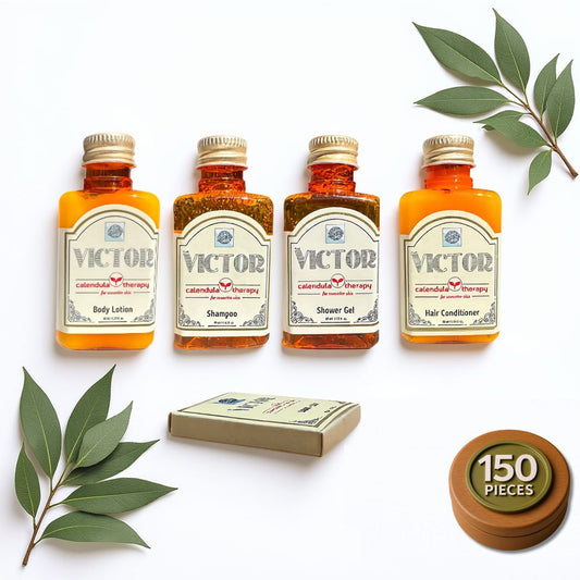 Set of Victor skincare and hair care products with leaves on a white background