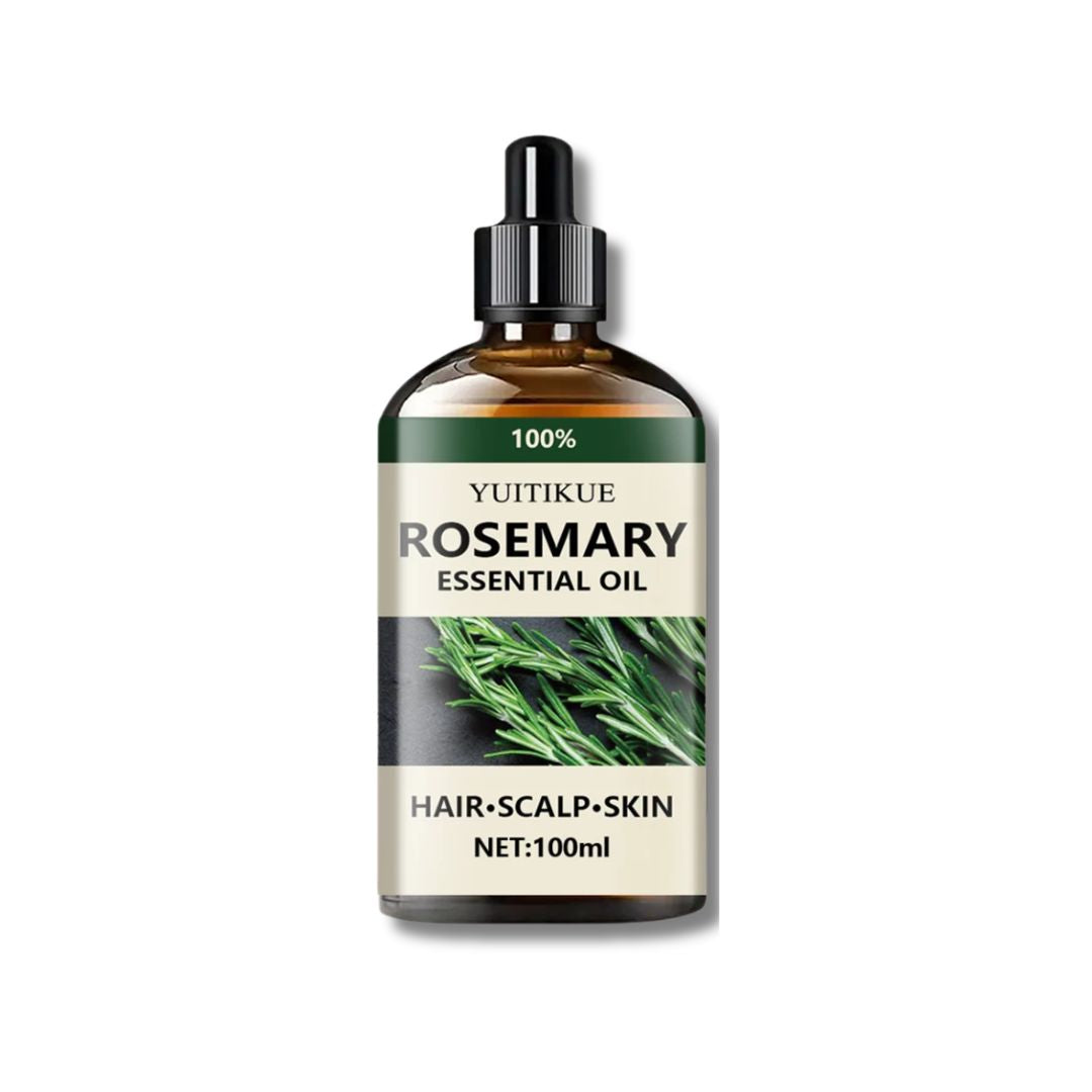 Bottle of 100% pure rosemary essential oil by Third Parties, showing the clear glass bottle with a white label.