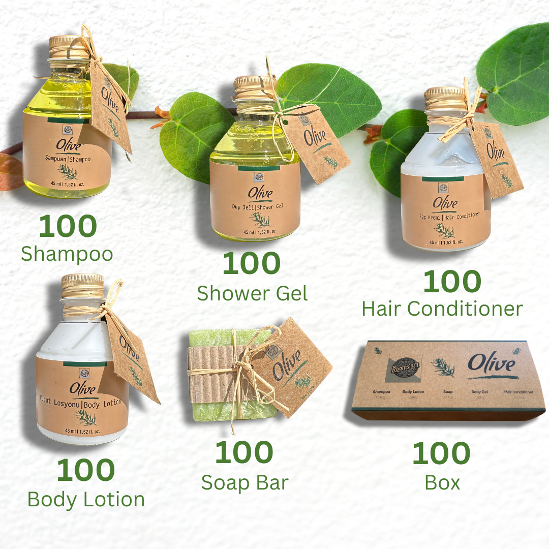 Roomsium Olive Guest Toiletries Set – 5-Piece Amenity Kit (125 / 250 / 500 Pieces) – Made in Turkey