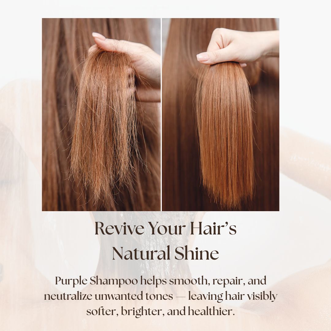 Before and after comparison of hair with purple shampoo, showing smoother and healthier hair.