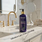 Purple shampoo bottle on a bathroom counter with text 'Elegance Purple Shampoo' and 'Effortless Care, Every Morning'.